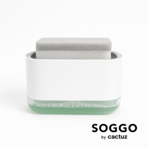 Dispensador inteligente de jabón con esponja SOGGO by Cactuz sobre fondo blanco, diseño minimalista y moderno.